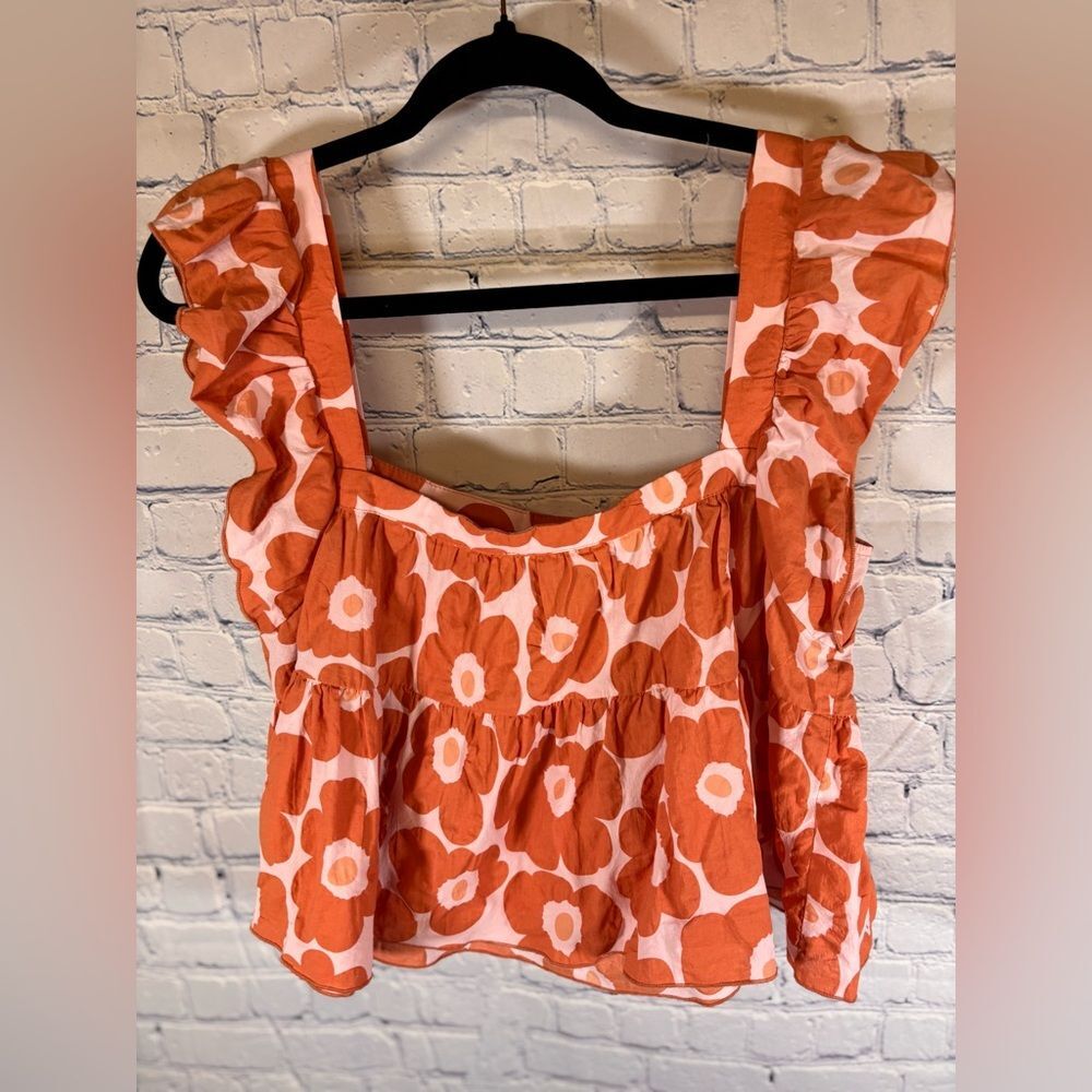 Jacquie The Label In Bloom Poppy Orange Pink Flutter Sleeve Retro Babydoll Top M View 2